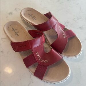 Clarks Women’s Red Faux-Leather Slip-On Sandals Worn Once